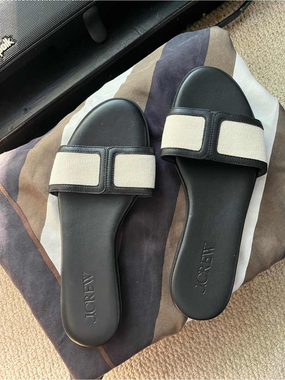 J. Crew Black and Cream Slide Sandals with Canvas Straps